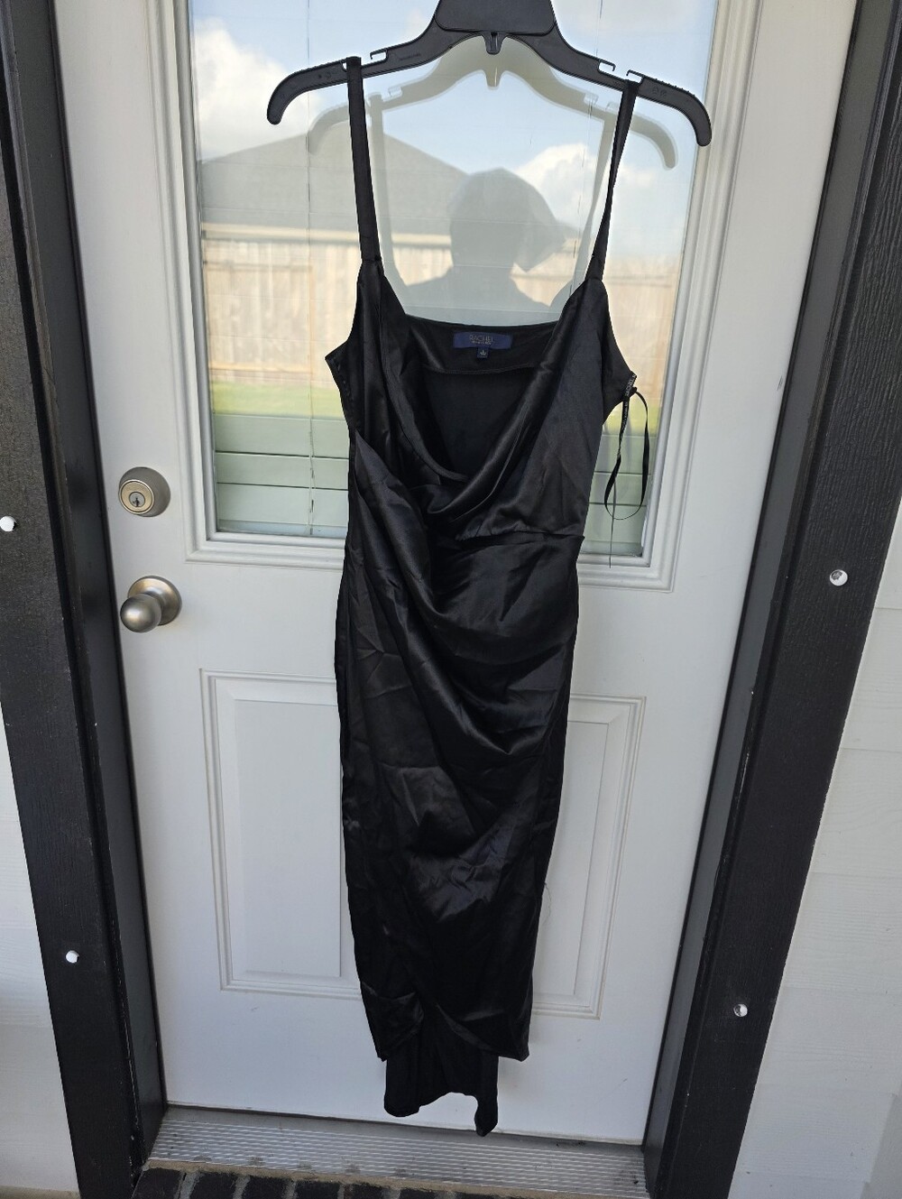 Rachel Roy Black Satin Dress Size L Midi Slip Cowl Neck Spaghetti Strap Evening - Picture 2 of 9